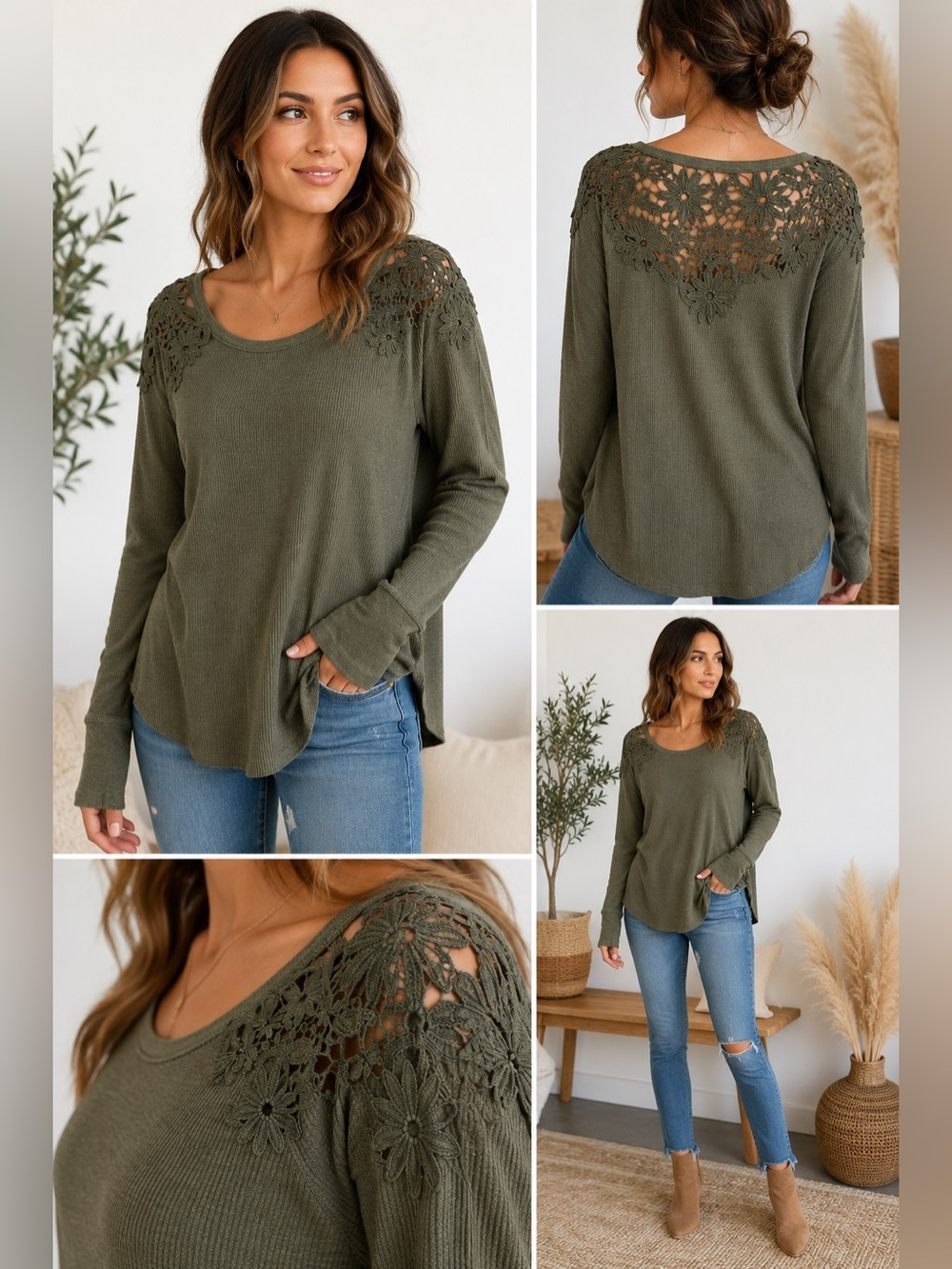 American Eagle Olive Green Waffle Knit Floral Lace Back Top Small Boho Long Slee